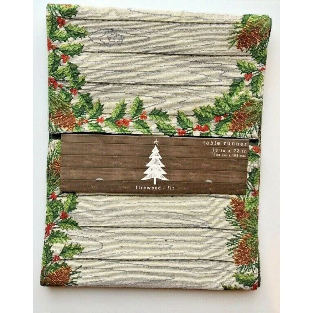 Christmas Holly Berries Table Runner Embroidered Tapestry Pinecone Rustic 13x72